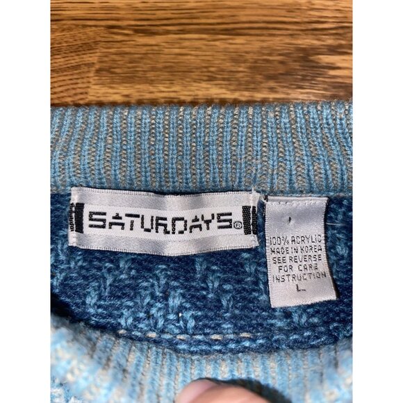 Vtg 1990 Saturdays NYC Mens Nordic Geometric Pattern Blue Ski Sweater Mens Large - Picture 4 of 5